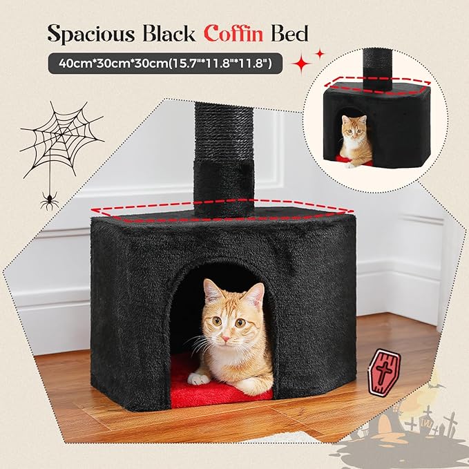 PAWZ Road Gothic Cat Tree, Floor to Ceiling Cat Tower with Adjustable Height (86.8-120 Inches), 5 Tiers Black Cat Condo with Cozy Hammock, Fully Scratching Posts and Dangling Balls for Indoor Cats
