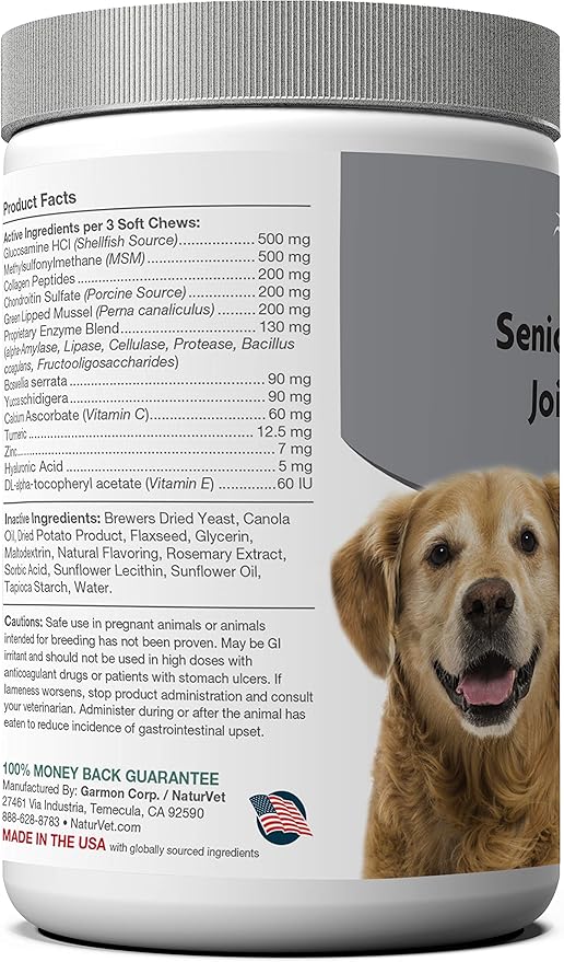 NaturVet Senior Advanced Joint Health Dog Supplement – Includes Glucosamine, MSM, Chondroitin, Collagen – Helps Supports Canine Joint Health Function – 120 Ct. Soft Chews