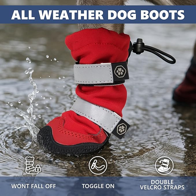 Spark Paws Dog Shoes, Waterproof Dog Boots for Medium to Large Dogs, Non Slip, Breathable Dog Booties and Paw Protectors - 4PCS Doggie Hiking Boots with Reflective Straps - Red, Size 1
