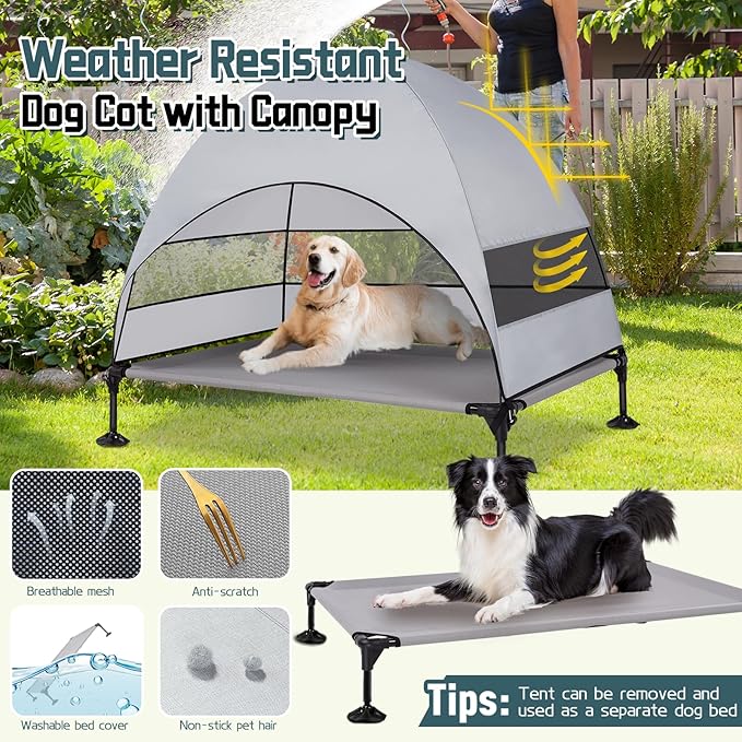 Elevated Outdoor Dog Bed with Canopy & Adjustable Feet - Larger Shade for Camping, Backyard & Patio