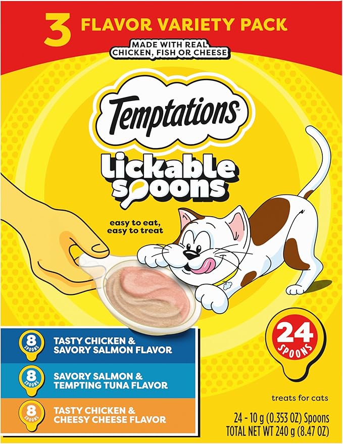 Temptations Lickable Spoons Adult Wet Cat Treat, 24 Spoons, Variety Pack