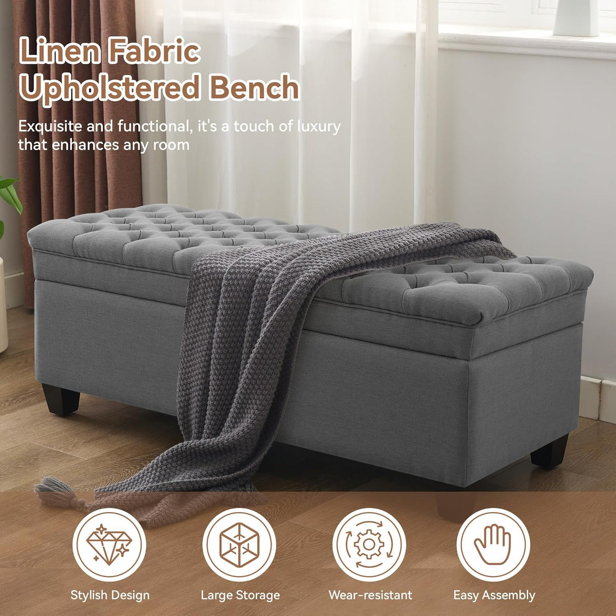51" Fabric Storage Ottoman Bench, Upholstered Rectangle End of Bed Storage Ottoman Tufted Living Room Bedroom Bench with Safety Hinge, Solid Wood Legs, Loads 500 lb(Dark Grey)