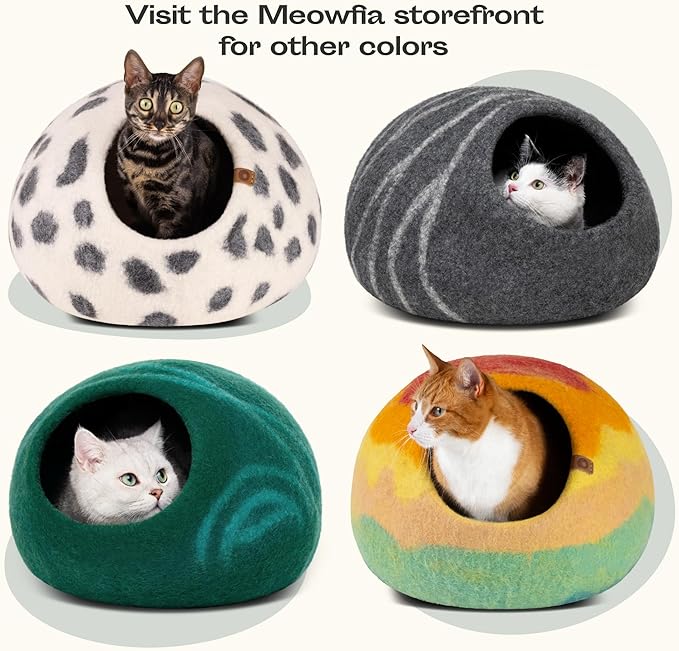 MEOWFIA Cat Cave – Premium Felt Cat Bed for Indoor Cats, Handmade 100% Merino Wool (Medium, Emerald)