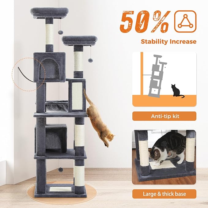 PAWZ Road 70 Inch Cat Tower, Tall Cat Tree with 2 Cozy Condos, 2 Plush Perch, Large Basket, 2 Scraching Pad & 6 Scraching Posts for Indoor Cats Large Adult, Dark Gray