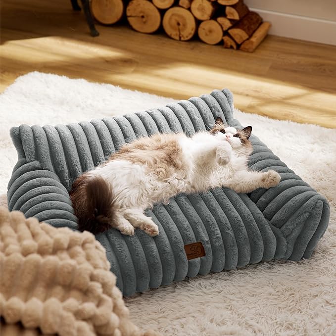 Bedsure Cute Cat Couch for Pets - Fluffy Small Dog Sofa with Premium Soft Corduroy Fleece, Pet Sofa with Removable Washable Cover, Supportive Dog Couch Bed for Small Medium Dogs, 30inch, Warm Grey