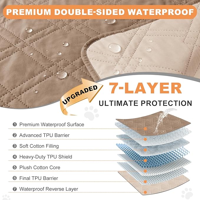 100% Waterproof Dog Couch Protector, Triple-Layer Waterproof Dog Bed Cover Pet Blanket Reversible 2-Tone Sofa Shield, Non-Slip Furniture Guard for Pets(82×92 Inch, Taupe+Apricot)
