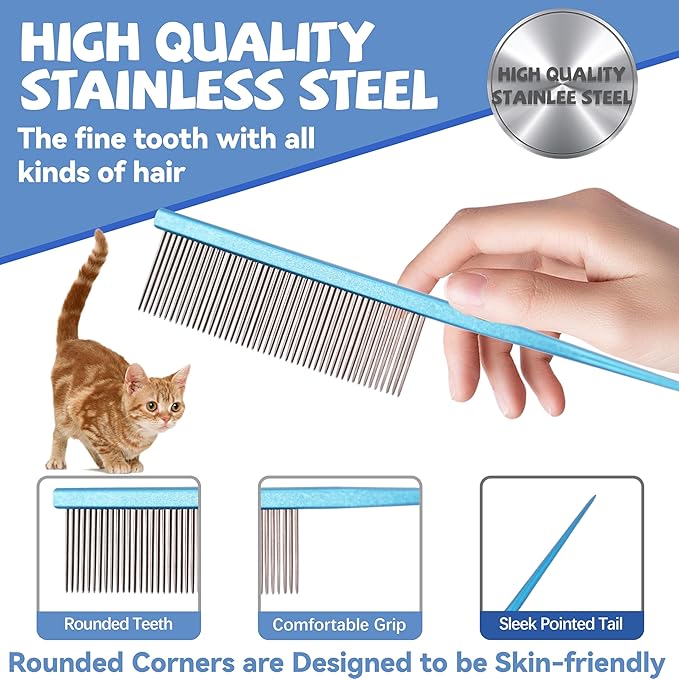 Grooming Pet Comb Rat Tail Dematting Cat and Dog Comb，Rounded Ends Design for Safe Tangle Removal, Hairstyling, Massage，Loose Hair Removal，Prevent Irritation，Fluffing Paws,Face,Tail,Remove Tear Stain