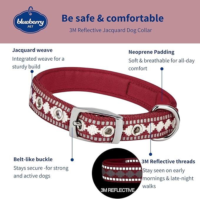 Blueberry Pet Reflective Jacquard Dog Collar with Neoprene Padding & Metal Buckle | Soft & Adjustable Safety Collar - Marsala Red, Neck 9-12.5", for Small Breed