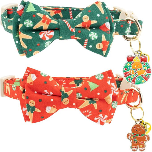Faygarsle 2 Pack Christmas Cat Collar Set, Red and Green Gingerbread Pattern, with Bells and Bows, Breakaway Safety Feature