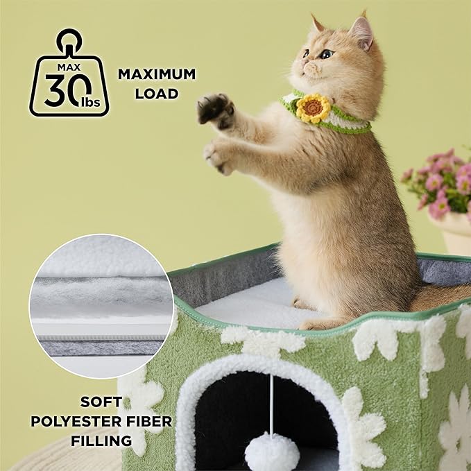 Lesure Indoor Cat Beds Kitten House - Large Cat Cave for Pet Cube with Fluffy Ball Hanging, Foldable Small Animal Hideaway, 16.5x16.5x13 inches, Flower Garden Green