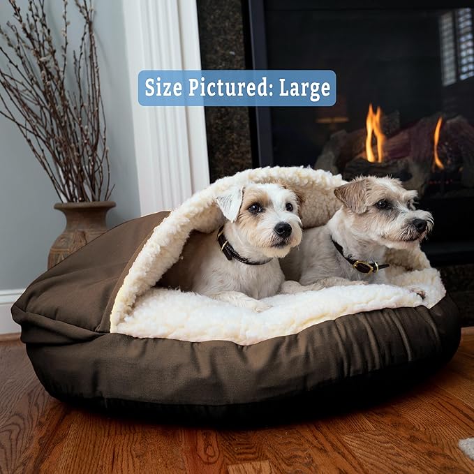 Snoozer Luxury Cozy Cave Dog Bed - Indoor Dog Bed with Cover Cave, Covered Calming Burrow for Small & Medium Sized Pets with Blanket Attached, Enclosed, Washable - Large, Hot Fudge