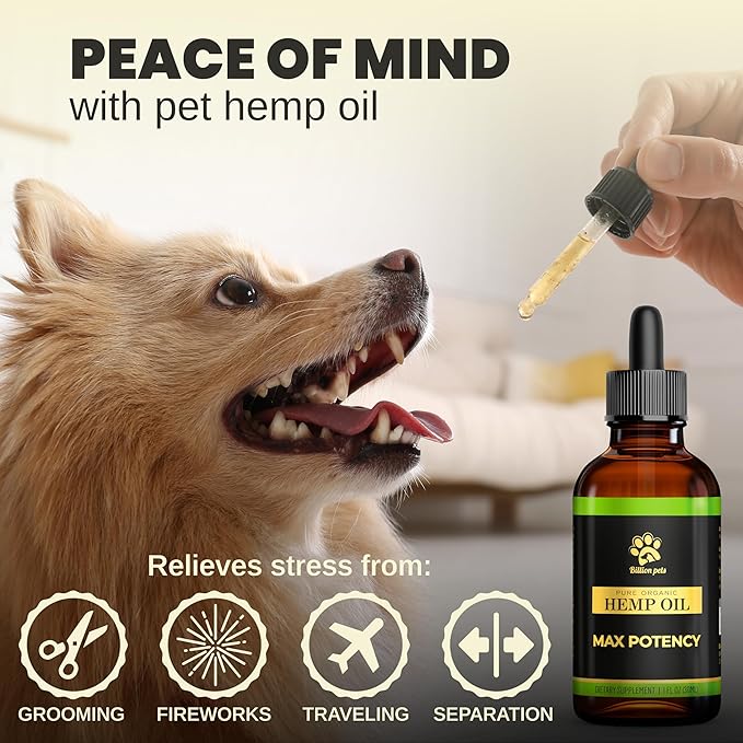 Hemp Oil for Dogs and Cats - Helps with Anxiety, Pain, Stress, Sleep, Arthritis, Seizures Relief - Hip and Joint Support - Calming Drops Treats