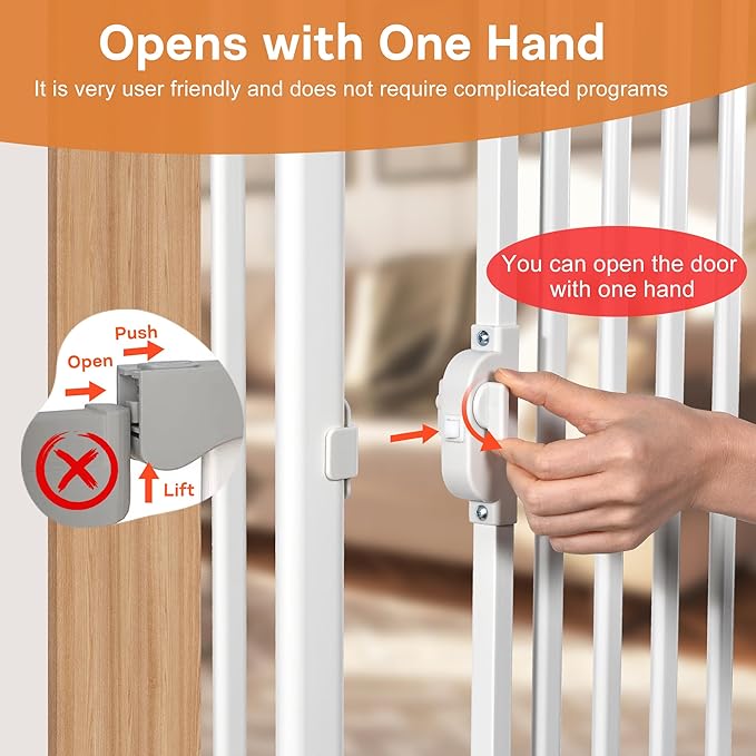 71“ Extra Tall Cat Gate for Doorway: 33.4-37.4” Wide Pet Gate, Auto Close/One Handed Open, 1.34” Extra Small Gap, No Drill Pressure Mount Tall Cat Gate for Interior Stairs/Kitchens/Hallways (White)