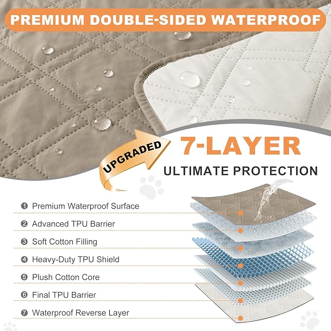 100% Waterproof Dog Couch Protector, Triple-Layer Waterproof Dog Bed Cover Pet Blanket Reversible 2-Tone Sofa Shield, Non-Slip Furniture Guard for Pets(82×92 Inch, Khaki+Off White)