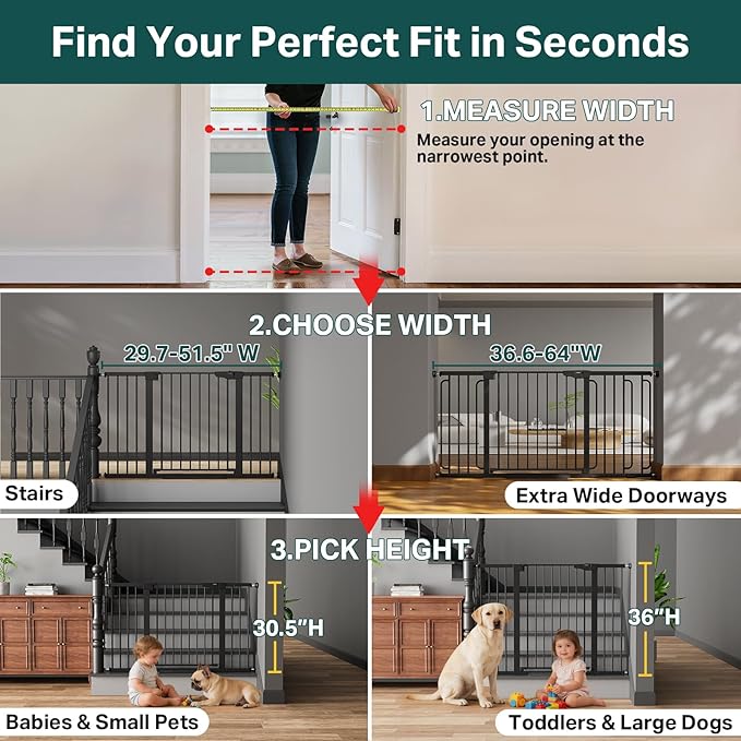 Cumbor 36.6-64" Extra Wide Baby Gate for Stairs, Dog Gates for Doorways, Auto-Close Pet Gate Indoor, Pressure Mounted Walk Through Safety Child Gate for Kids Toddler, Tall Pet Puppy Fence Gate, Black