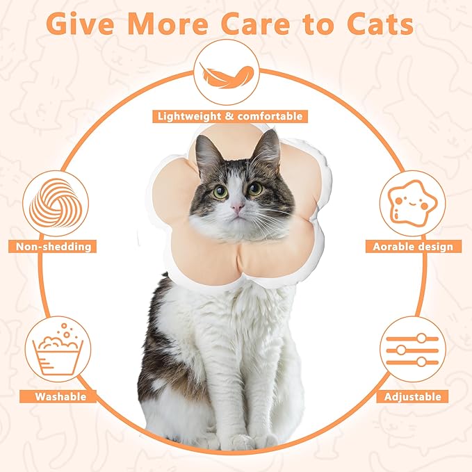 Cat Cone Collar Soft, Waterproof Cats Cones to Stop Licking After Surgery, Adjustable Soft Elizabeth Cats Collars for Wound Healing, Flower Shape Cat Recovery Collar (Pastel Orange, Small)
