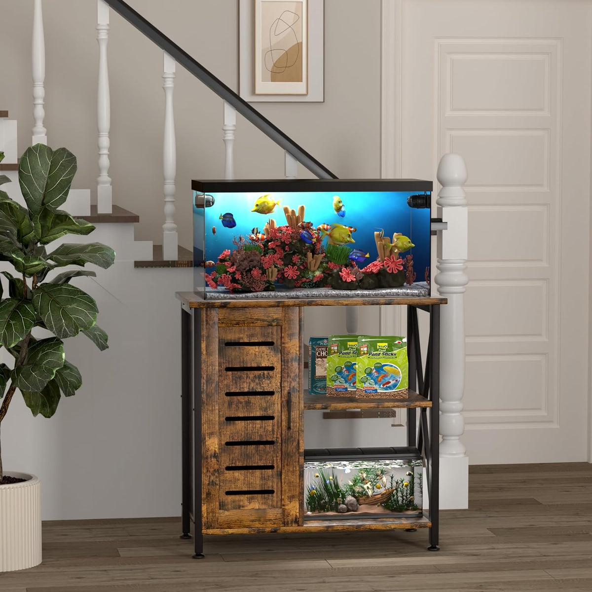20-29 Gallon Fish Tank Stand, Aquarium Stand with Cabinet Accessories Storage, Heavy Duty Metal Frame, 31.49" L*15.74" W Tabletop, 330LBS Capacity, Rustic Brown PG07YGN