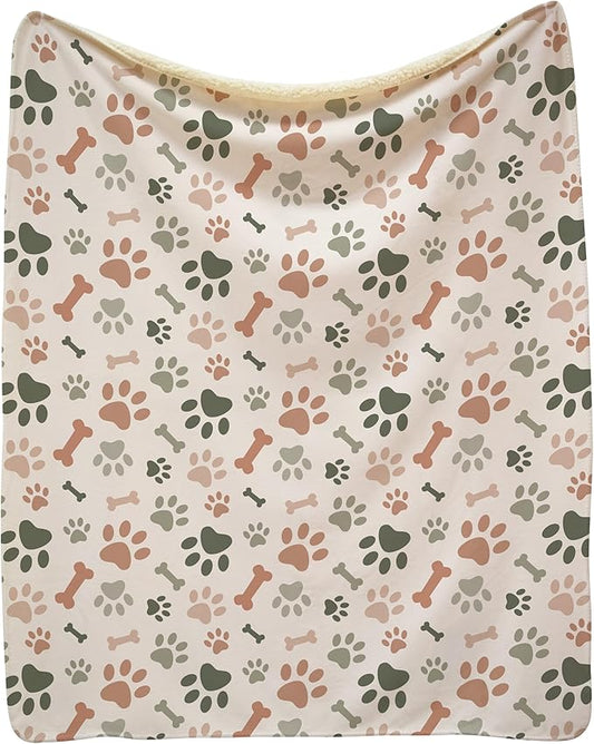Cream Paw Print Sherpa Pet Lightweight Blanket - 60" x 80" - Cute for Dogs - Gifts and Puppy Essentials - Printed in America