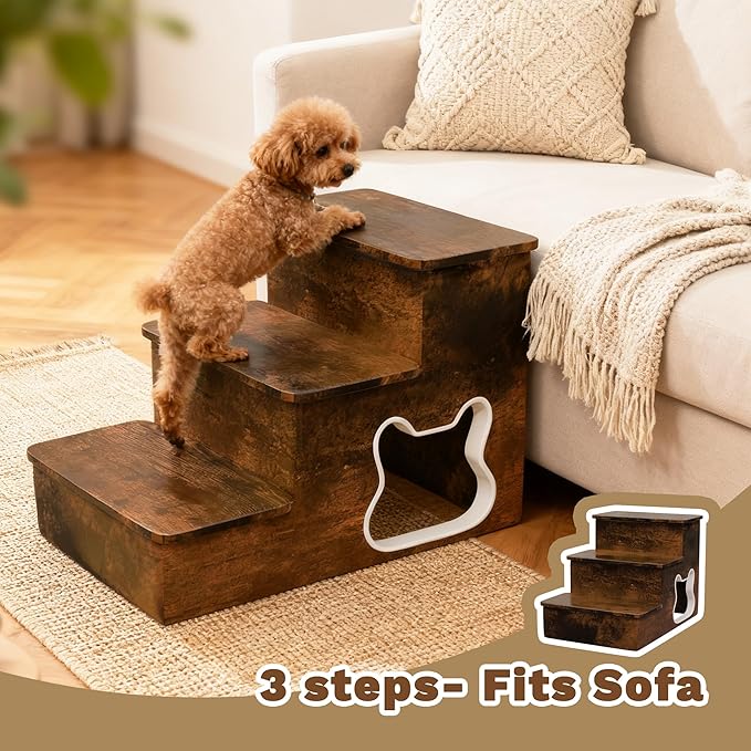 Dog Stairs for Large Dogs,Wooden Dog Steps for High Bed,24.4" Non-Slip Pet Stairs Up to 180LB,Pet Ramps for Small Medium Large Pet (Tiger, Small, 3)