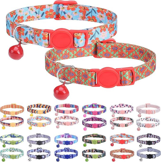 Breakaway Cat Collars for Girl Boy Cats, Fall Winter All Weather Cat Collar Personalized Pattern 2 Pack,Cute Classic Safety Buckles and Bells,Adjustable Printed Nylon Colorful Red