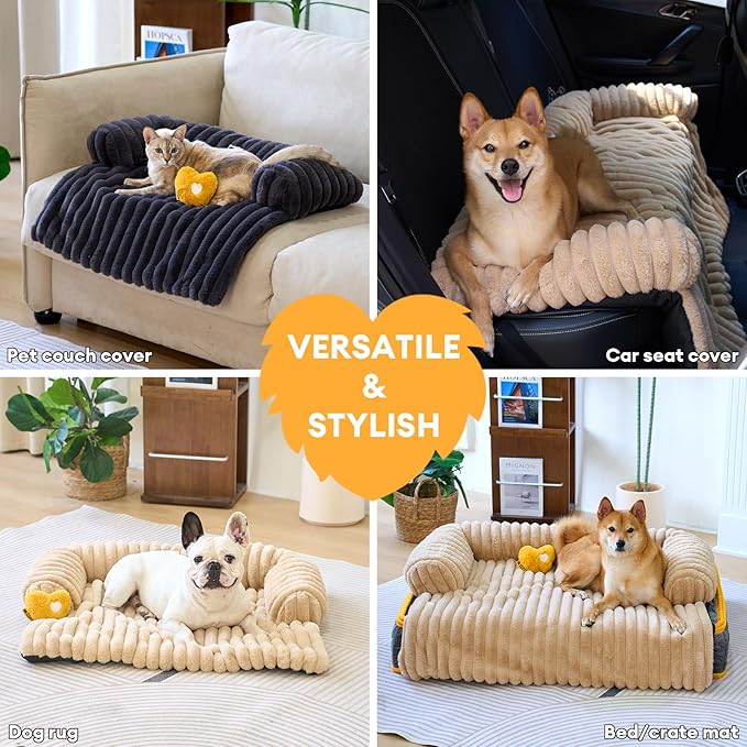 FUNNY FUZZY Pet Couch Cover for Sofa, Calming Dog Bed for Couch, Fluffy Plush Dog Couch Mat for Furniture Protector for Large Medium Small Dogs and Cats, Dark Grey