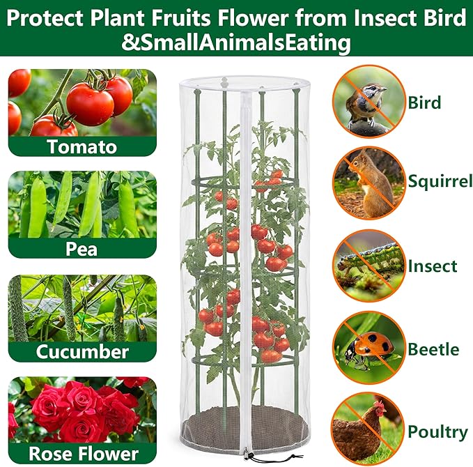 2 Pcs Garden Bird Netting for Round Plant Cage, 59" x 18" Tomato Cage Garden Net Cover with Zipper, Tomato Trellis Insect Bird Barrier Protection Mesh for Vertical Climbing Plants Vegetables Fruits