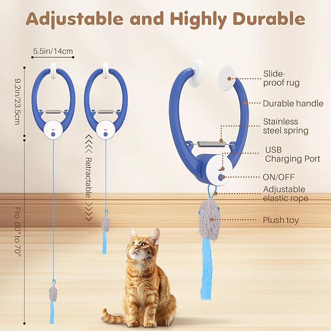 Interactive Cat Toys Rechargeable, Feather Toy for Indoor Cat, Hanging Retractable Teaser Toy, Automatic Kitten Play Chase Exercise Toys with Three Plush Mouse, USB Powered (Blue)