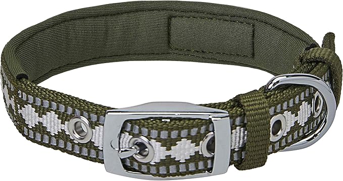Blueberry Pet Reflective Jacquard Dog Collar with Neoprene Padding & Metal Buckle | Soft & Adjustable Safety Collar - Olive, Neck 17-20.5", for Large Breed