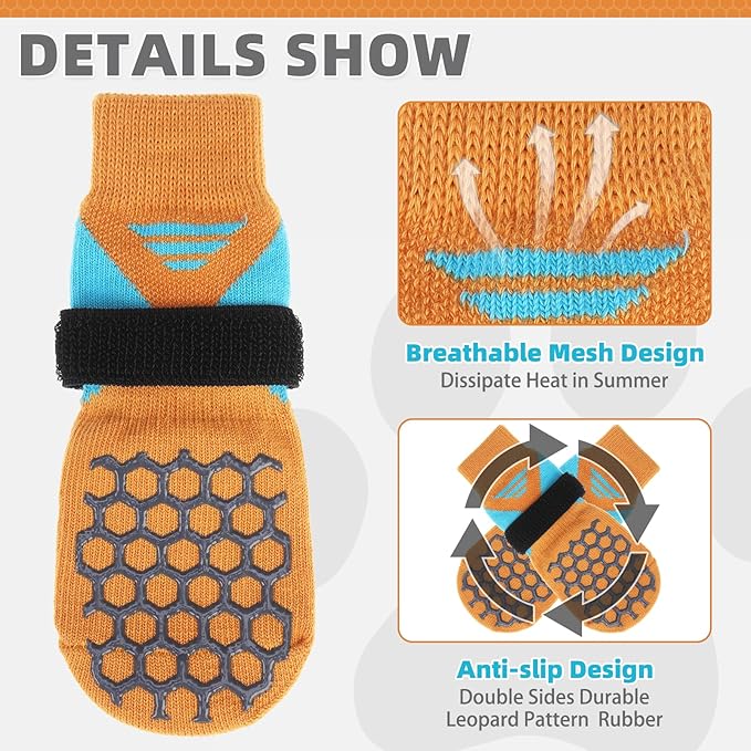KOOLTAIL Dog Socks for Hot Pavement, Summer Breathable Dog Socks to Prevent Licking Paws, Non Slip Pet Boots&Paw Protectors for Hardwood Floor,Grippy Shoes for Small Medium Large Senior Dogs,Orange XS