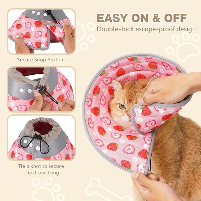 Avont Cat Cone Collar Soft to Stop Licking, Adjustable Foldable Lightweight Kitten Recovery Collar After Surgery for Small Dogs, Elizabeth Cone of Shame Alternative -Strawberry(M)