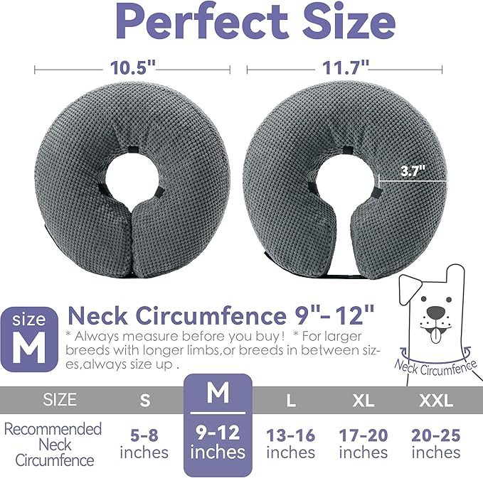 Soft Inflatable Dog Cone Collar for Small Medium Large Dogs - Neck Donut E Collar Alternative for Recovery After Surgery - Grey M