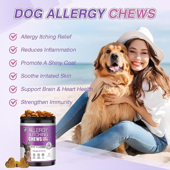 Dog Allergy Chews - Dog Allergy and Itching Skin Relief Anti Itch Aller Immune Bites for Dogs licking Paws Relief Itchy Chew Probiotics Vitamins for Skin and Coat Allergies - (Peanut Butter, 200 Ct)