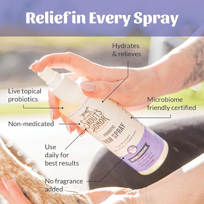 Skout's Honor Probiotic Paw Spray for Dogs - Microbiome-Friendly Certified - Alcohol-Free, Fragrance-Free & Non-Medicated - Supports Healthy Skin & Relieves Itchy, Stinky Paws, 8 oz