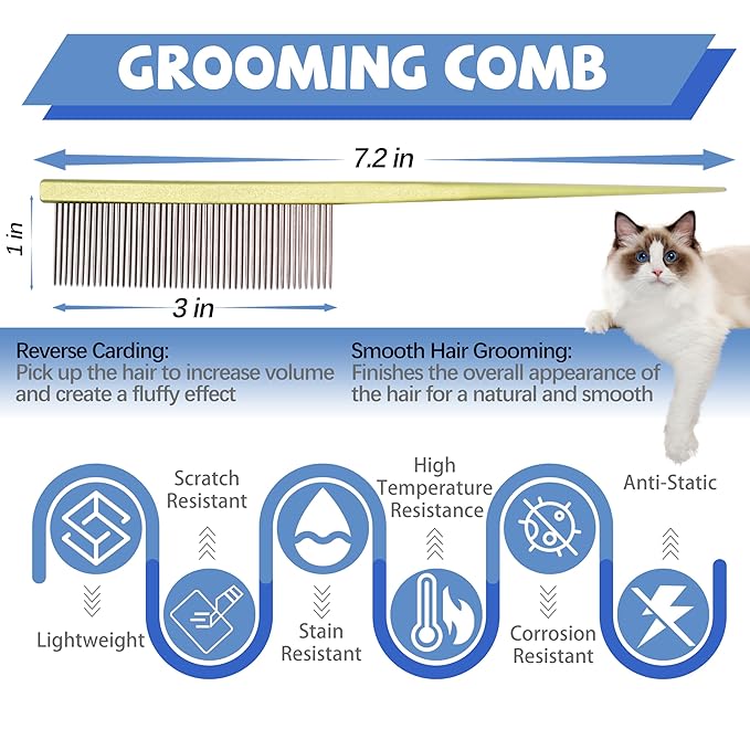 Grooming Pet Comb Rat Tail Dematting Cat and Dog Comb，Rounded Ends Design for Safe Tangle Removal, Hairstyling, Massage，Loose Hair Removal，Prevent Irritation，Fluffing Paws,Face,Tail,Remove Tear Stain