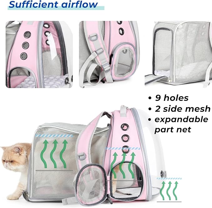 Lollimeow Cat Carrier Backpack, Bubble Expandable Backpack Carrier, Pets and Small Dogs,Airline-Approved, Designed for Travel, Hiking, Walking & Outdoor Use (Square Back Expandable-Pink)