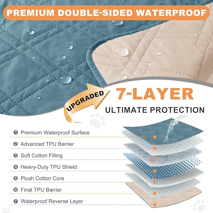100% Waterproof Dog Couch Protector, Triple-Layer Waterproof Dog Bed Cover Pet Blanket Reversible 2-Tone Sofa Shield, Non-Slip Furniture Guard for Pets(82×92 Inch, Gray Blue+Apricot)