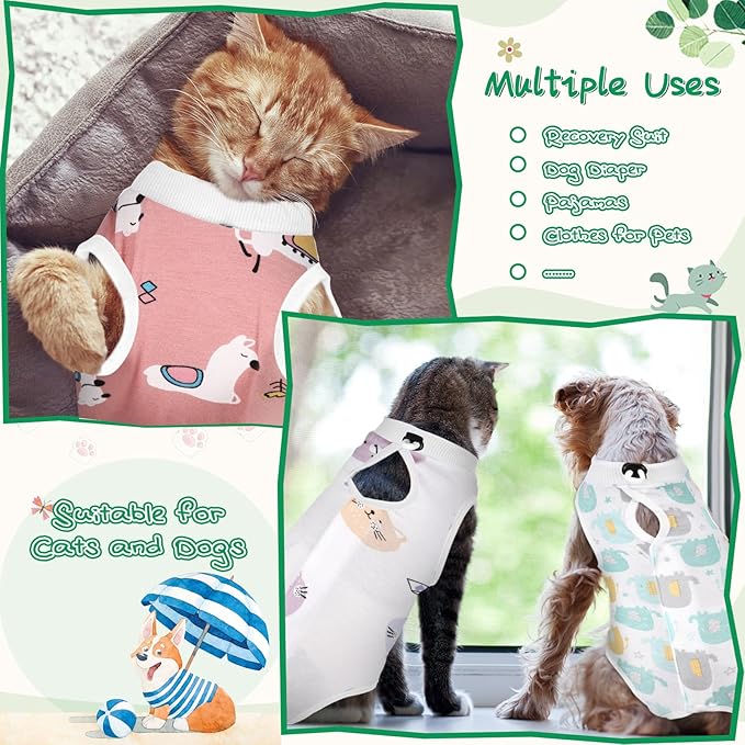 Nuanchu 3 Pieces Cat Recovery Suit Kitten Recovery Suit E-Collar Alternative for Cats and Dogs Abdominal Skin Anti Licking Pajama Clothes Sets(Cute Pattern,Medium)