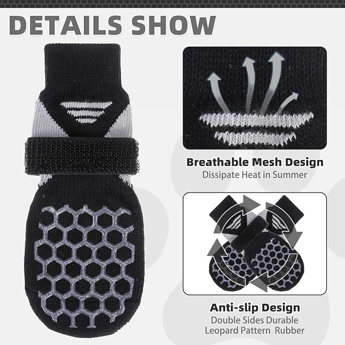 KOOLTAIL Dog Socks for Hot Pavement, Summer Breathable Dog Socks to Prevent Licking Paws, Non Slip Pet Boots& Paw Protectors for Hardwood Floor,Grippy Shoes for Small Medium Large Senior Dogs,Black XS