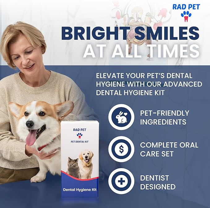 RAD PET - Advanced Pet Dental Hygiene Kit, Vet-Formulated Cat & Dog Tooth Brushing Kit, Complete Oral Care with Cat/Dog Toothbrush and Toothpaste (Enzymatic), Pet Dental Wipes & Water Additive