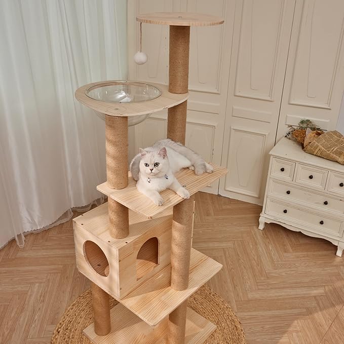 Modern Multi-Level Large Real Solid Wood Cat Tree, Luxury Wooden Cat Tower Cat Condo with Multi-Layer Platform for Indoor Cats