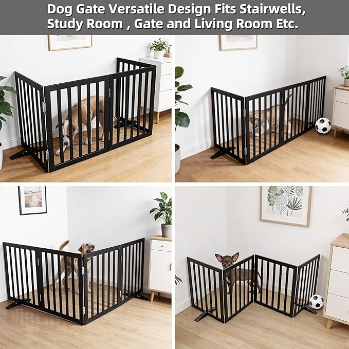 Dog Gate Indoor, Freestanding Dog Fence for The House, Doorways, Hallways,or Stairs,Pet Gate Foldable Wooden,Expandable 32" Height 4 Panels,Black