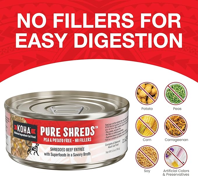 KOHA Pure Shreds Beef Entrée for Cats, Single Meat High Protein Wet Cat Food, 5.5oz Cans (Pack of 12)