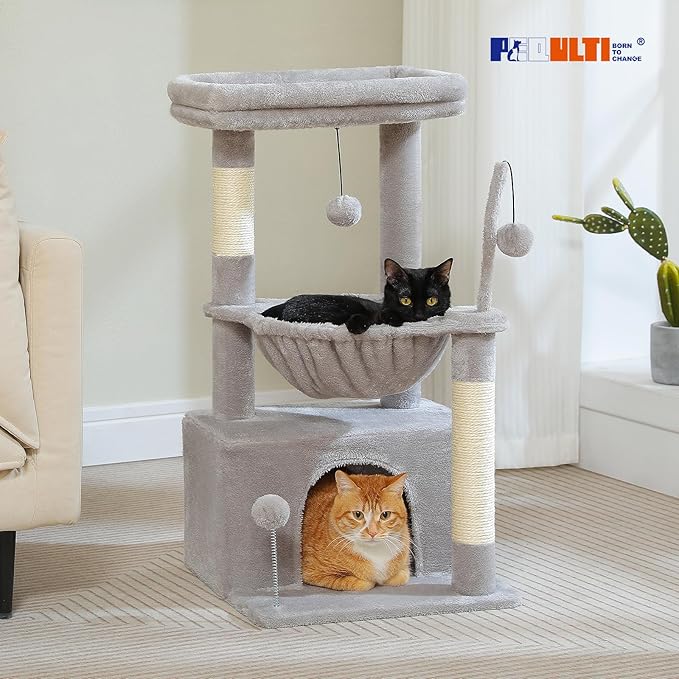 PEQULTI 4-in-1 Cat Tree, 33'' Cat Tower for Indoor Cats with Large Cat Condo, Scratching Post for Cats with Deep Hammock& Cozy Top Perch, Grey