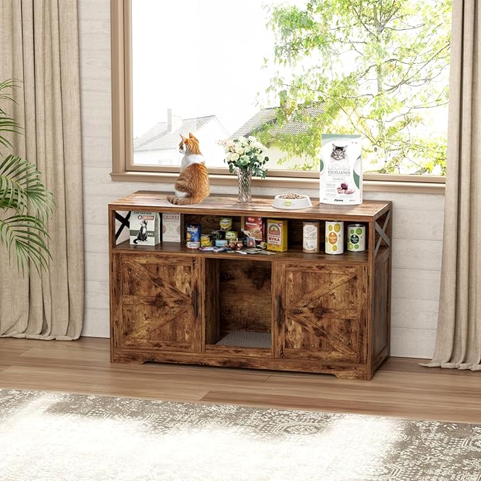 Cat Litter Box Enclosure for 2 Cats, 47" Double Hidden Litter Box Furniture with Scratch Pad, Farmhouse Indoor Litter Box Cabinet Cat Washroom, Rustic Brown