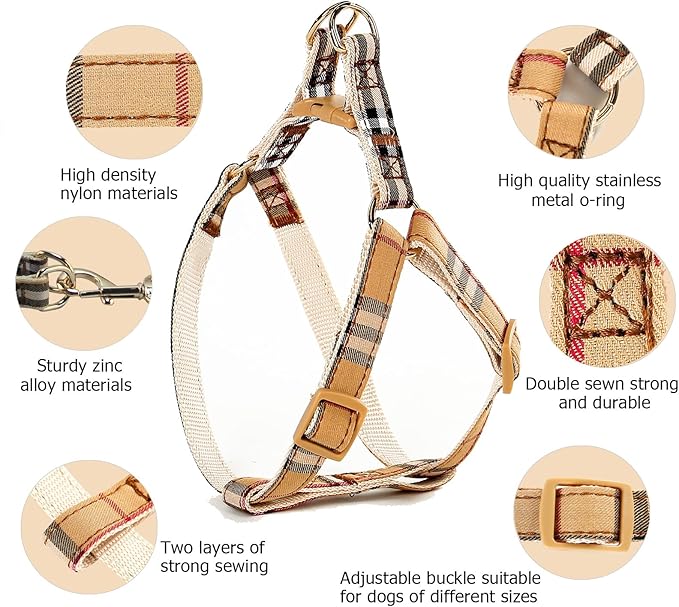 Cute Plaid Dog Collar Harness and Leash with Safety Buckle - Adjustable and No Pull Comfortable Dog Collars for Small Puppy, Stylish Durable Gift for Boy Girl Pets