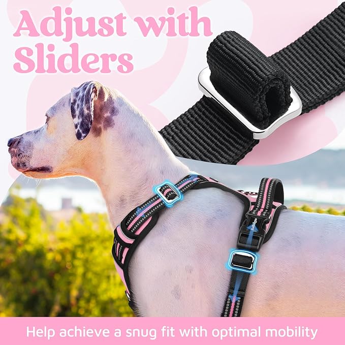 rabbitgoo Dog Harness Medium Sized, No Pull Dog Vest with 3 Buckles, Adjustable Soft Padded Pet Harness with Easy Control Handle and Reflective Strips, Light Pink, M