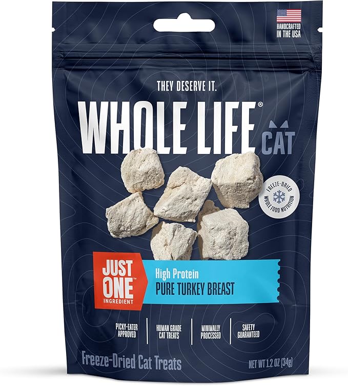 Whole Life Cat Just One Turkey Freeze Dried Cat Treats - Human Grade High Protein Food, Healthy Training Snacks, Freeze Dried Turkey Food Toppers, USA Made Natural Treats - 1.2 oz (Pack of 1)