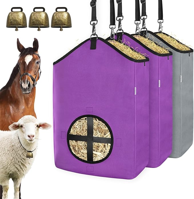 3 PCS Goat Hay Feeder,Hay Bags for Horses,Goats,Donkeys with Reinforced Oxford Fabric and High Strength Metal Clasp,Horse Feeding Supplies with Adjustable Strap for Easy Hanging (2Purple+1Grey)