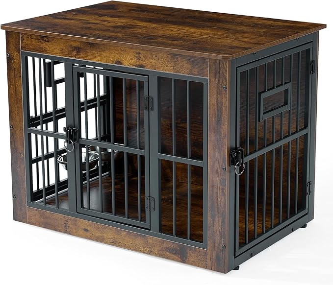 Gardner Pet Dog Crate Furniture for Medium Dogs, 32.7 Inch Dog Kennel Indoor, Wooden Dog Cage End Table with 2 Removable Bowls, Heavy Duty Dog Crate, Rustic Brown