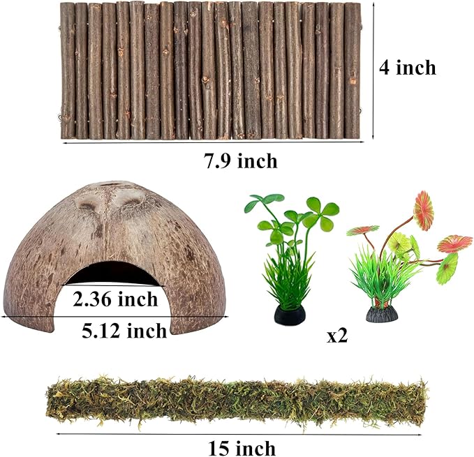 Hermit Crab Accessories, Hermit Crab Climbing Toys Bendable Bridge Coconut Shell Hideout Hut Plants for Crested Gecko Chameleon Reptile Amphibians Supplies